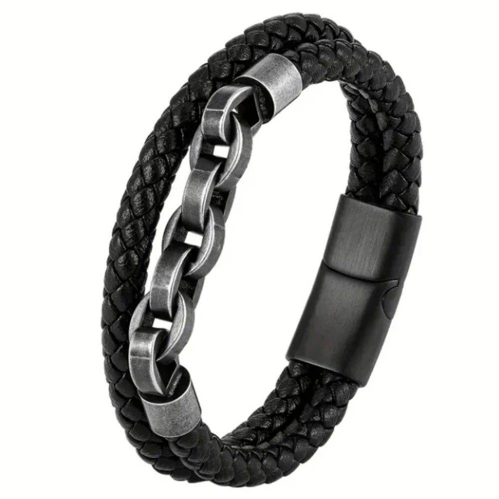 Black Braided Leather Bracelet Antique Silver Accents